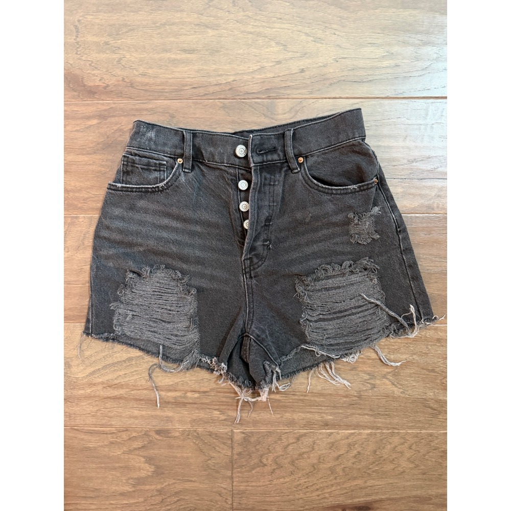 PacSun Womens High Rise Icon Short Washed Black Distressed Denim Size 25